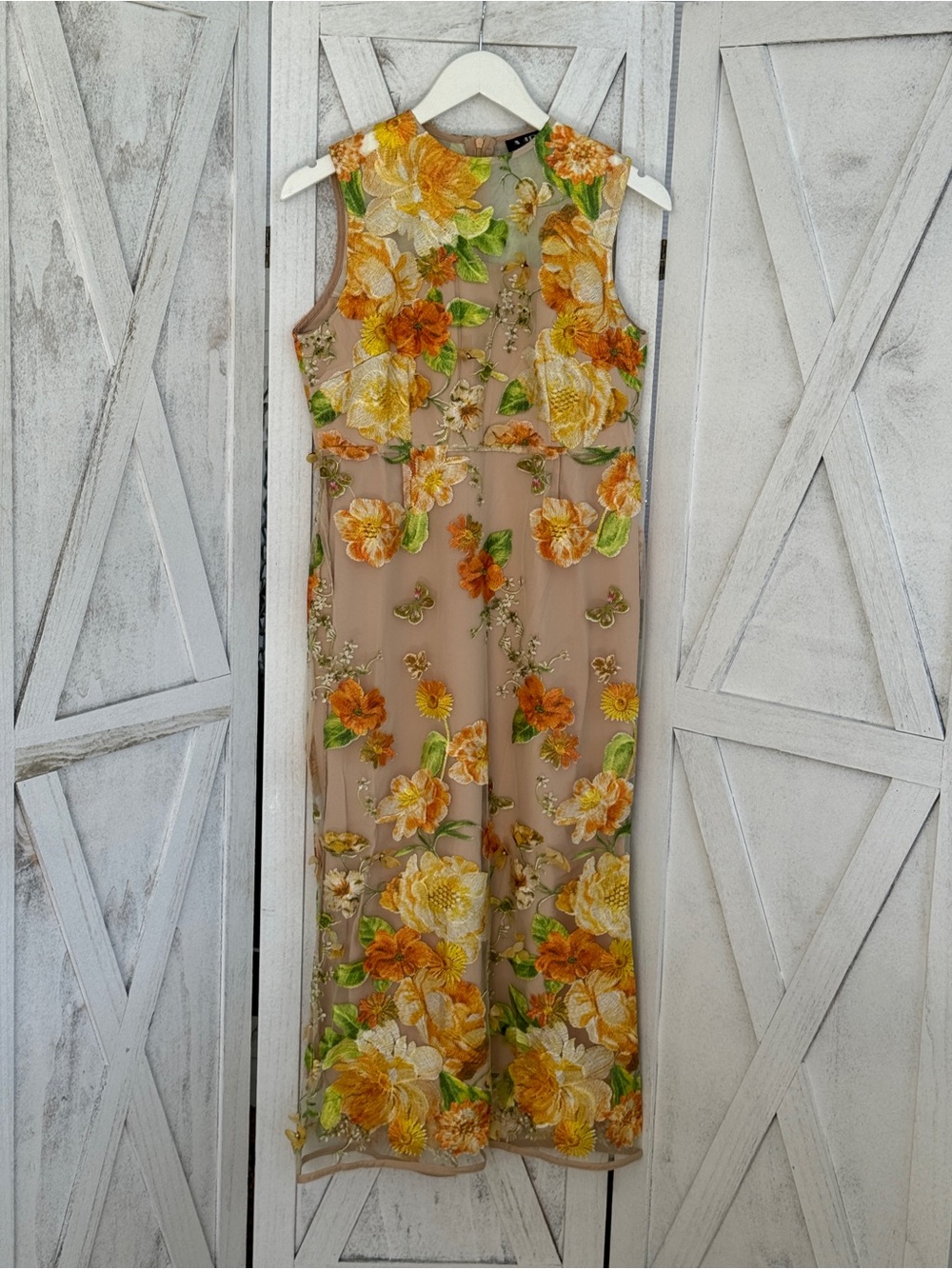 Sleeveless Floral Midi Dress in Beige and Yellow
